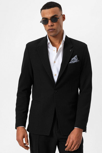 Men's Black Plain Single-Button Blazer