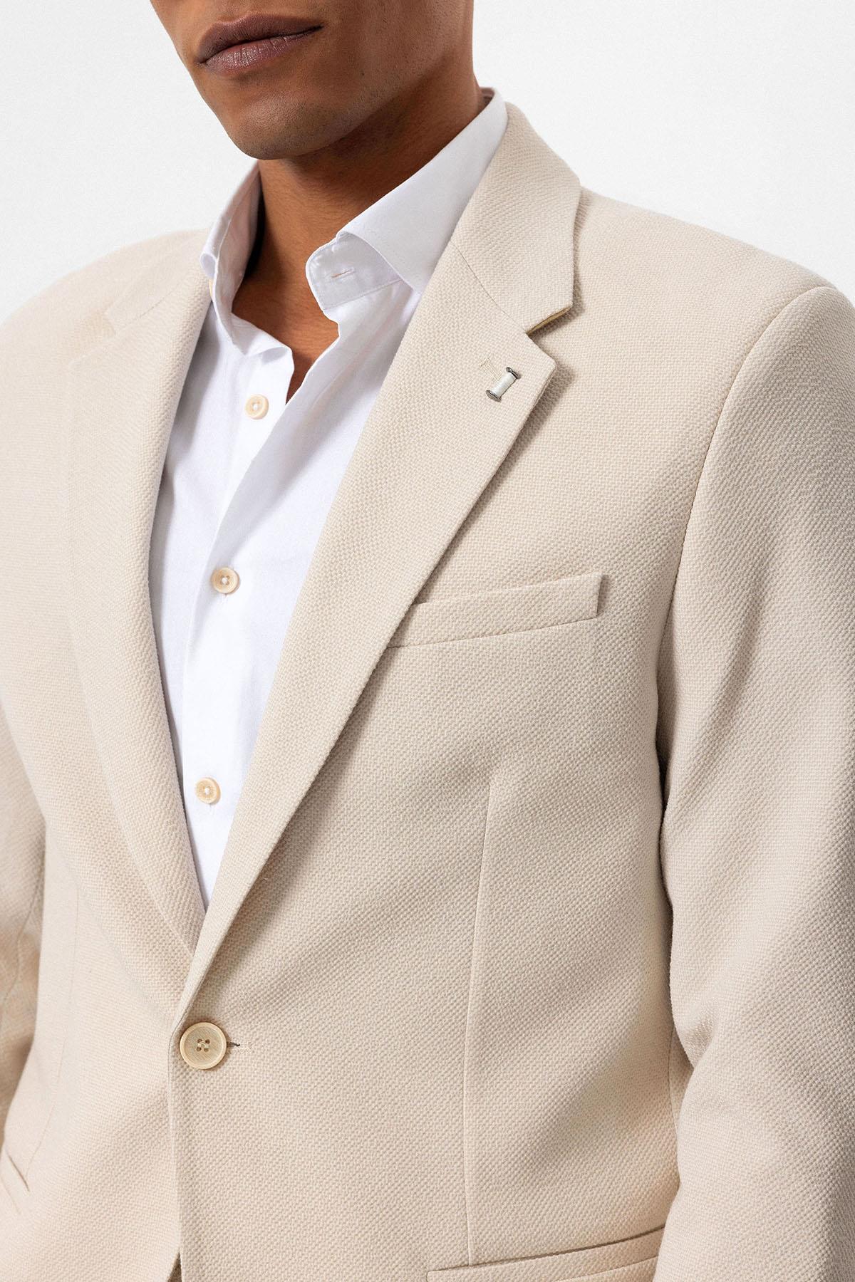 Men's Beige Plain Single-Button Blazer