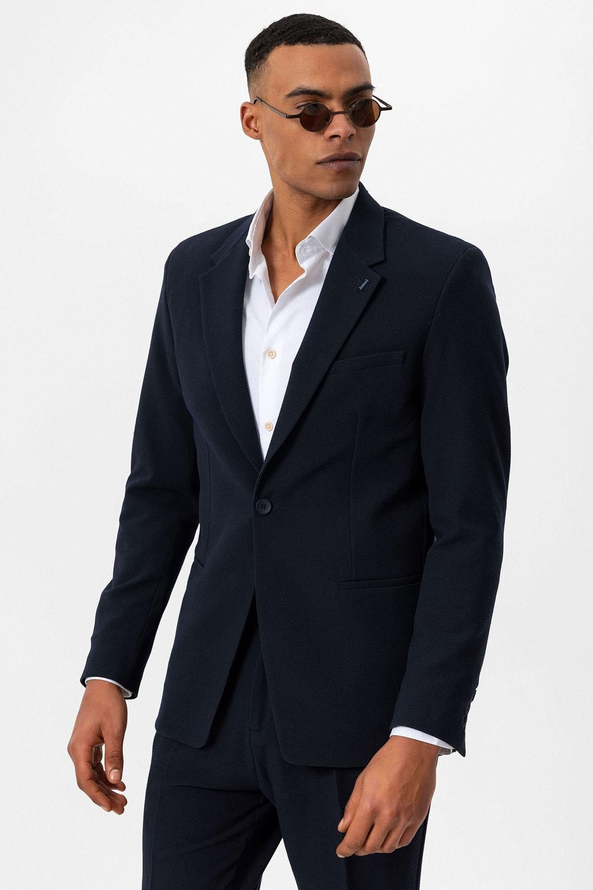 Men's Navy Blue Plain Single-Button Blazer