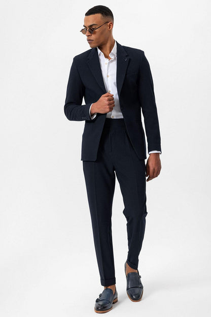 Men's Navy Blue Plain Single-Button Blazer