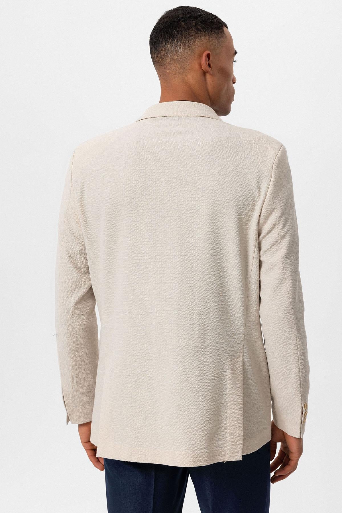 Men's Beige Plain Single-Button Blazer