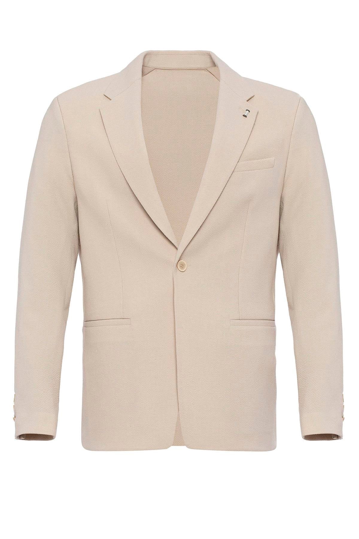 Men's Beige Plain Single-Button Blazer