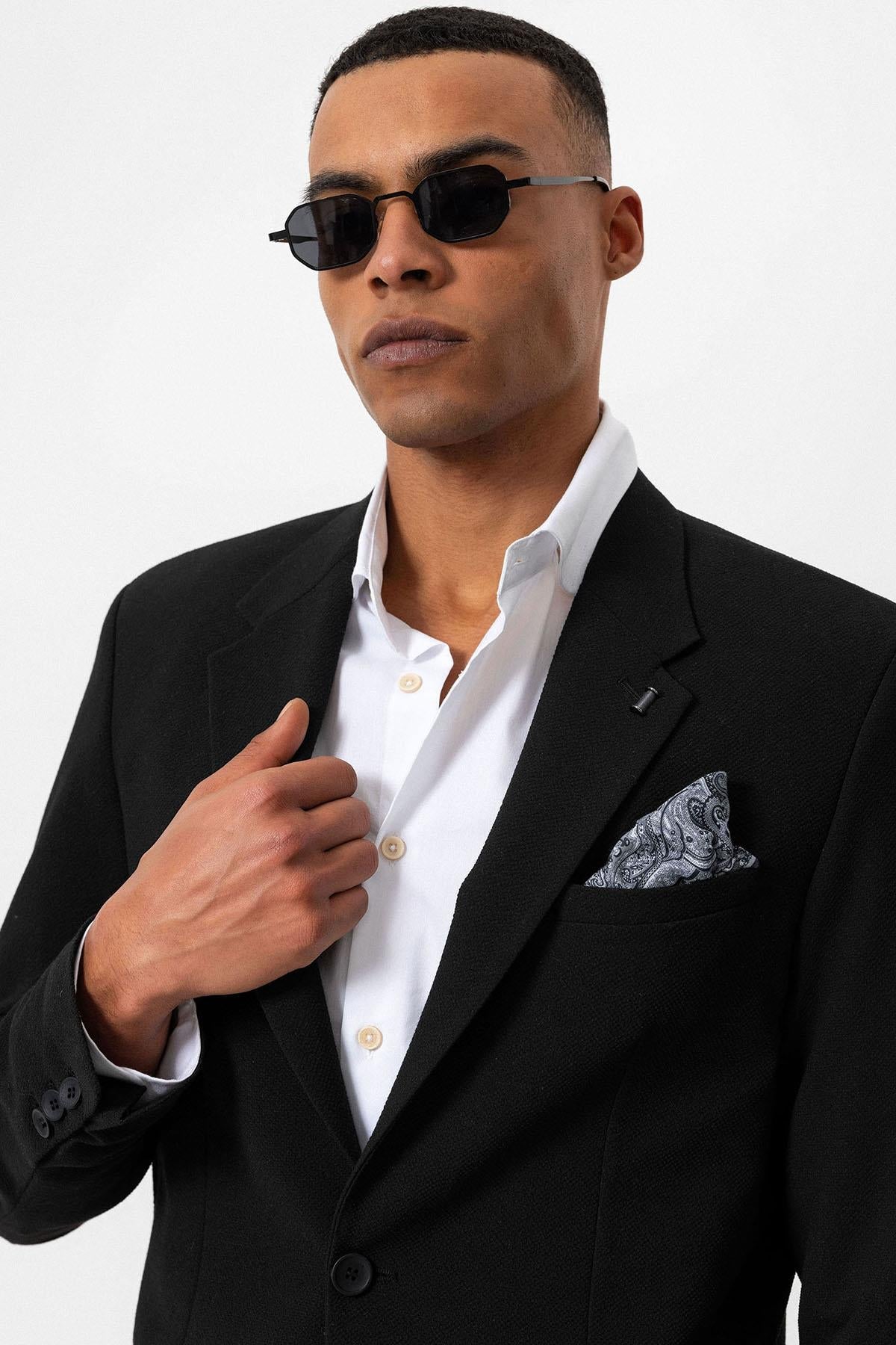 Men's Black Plain Single-Button Blazer