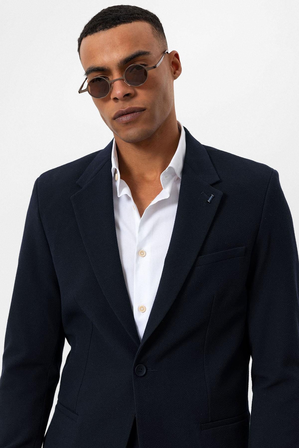 Men's Navy Blue Plain Single-Button Blazer