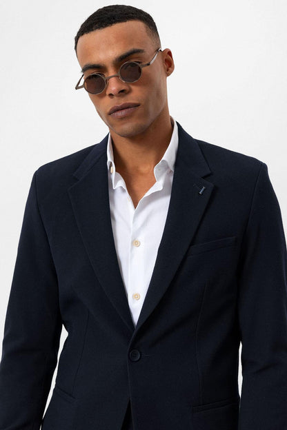 Men's Navy Blue Plain Single-Button Blazer