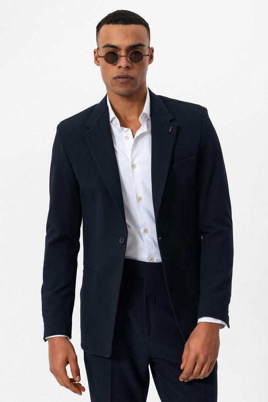 Men's Navy Blue Plain Single-Button Blazer