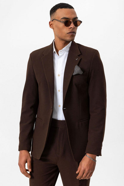 Men's Brown Plain Single-Button Blazer