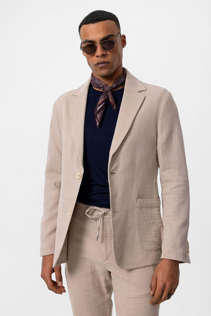 Men's Beige Plain Pocketed Blazer Jacket