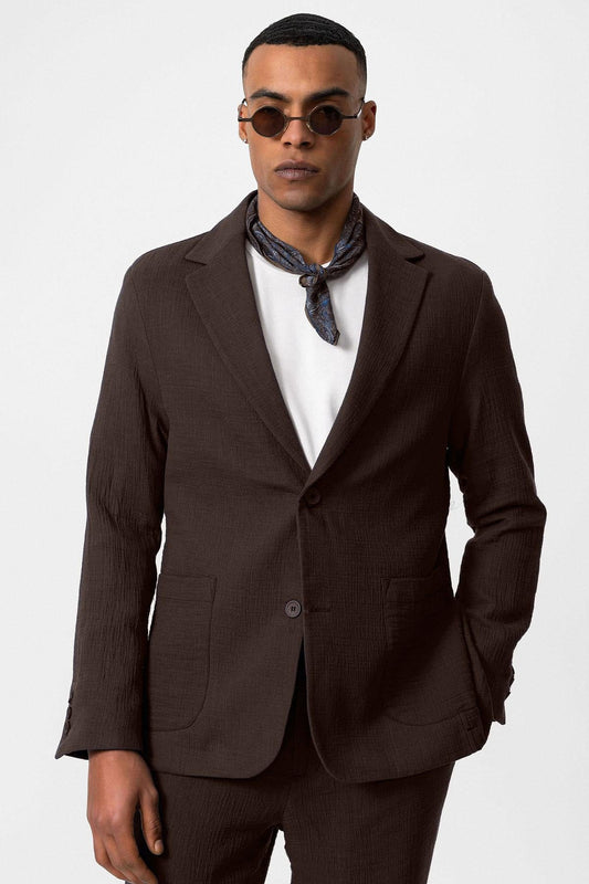 Men's Brown Plain Pocketed Blazer Jacket