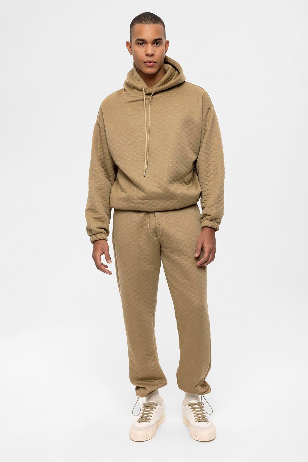 Men's Beige Diamond Patterned Oversize Tracksuit Set