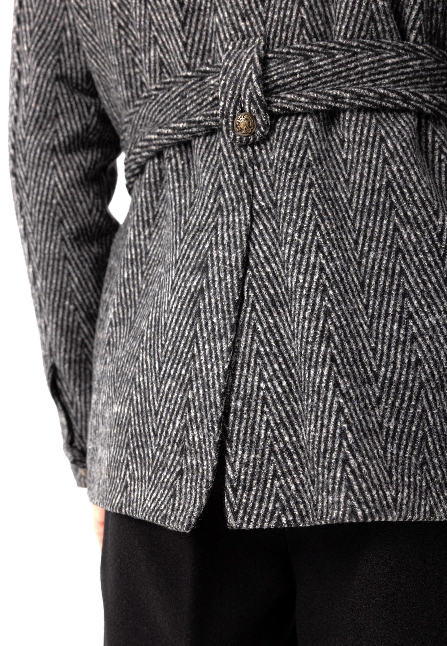 Men's Anthracite Herringbone Patterned Belted Coat