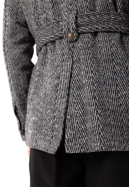 Men's Anthracite Herringbone Patterned Belted Coat