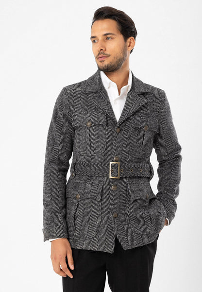 Men's Anthracite Herringbone Patterned Belted Coat