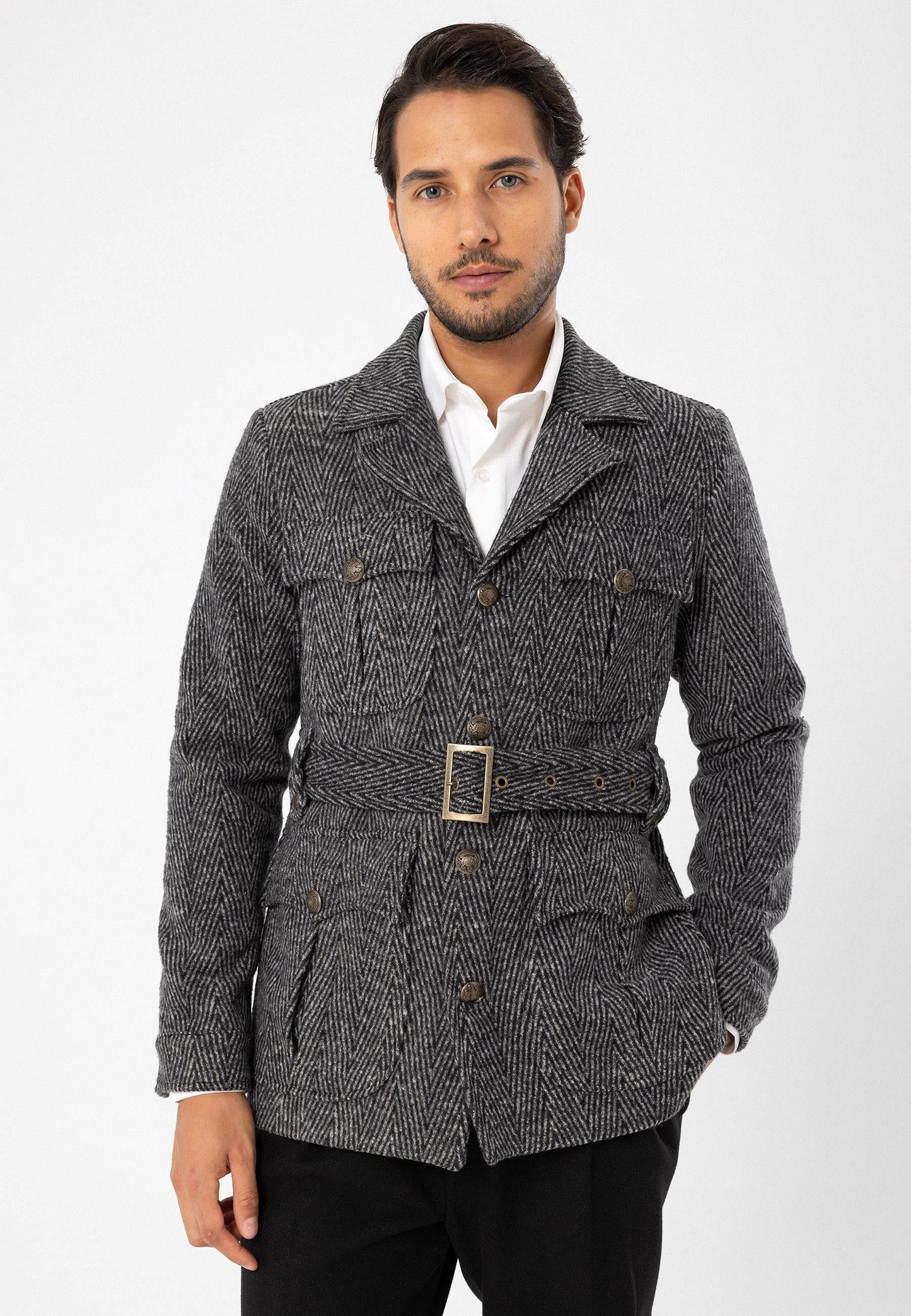 Men's Anthracite Herringbone Patterned Belted Coat