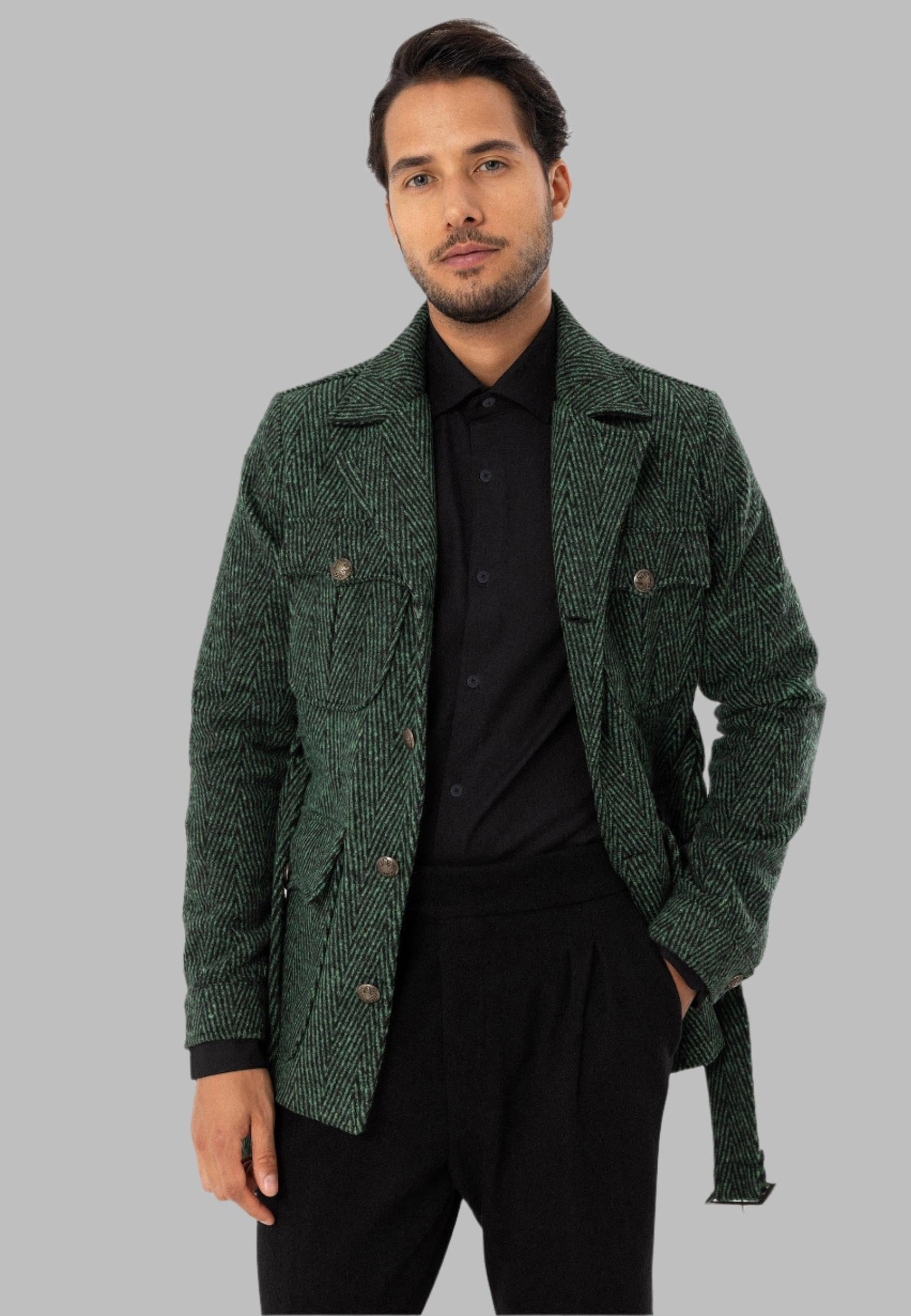 KOALA SYDNEY  Men's Green Herringbone Patterned Belted Coat -
