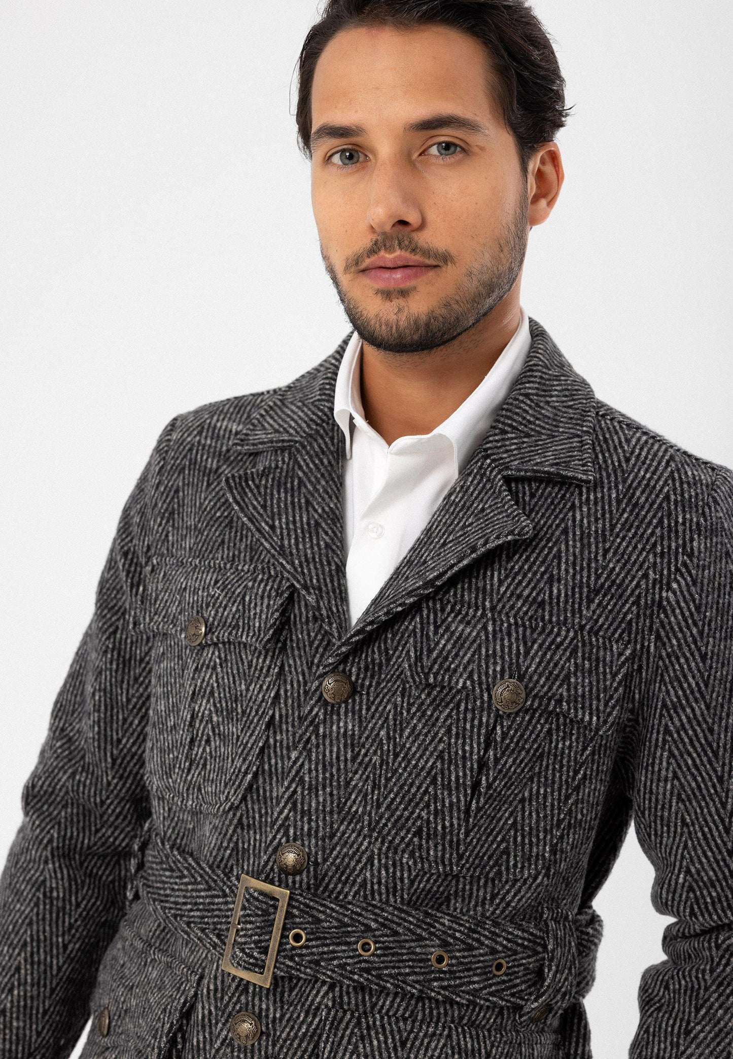 Men's Anthracite Herringbone Patterned Belted Coat