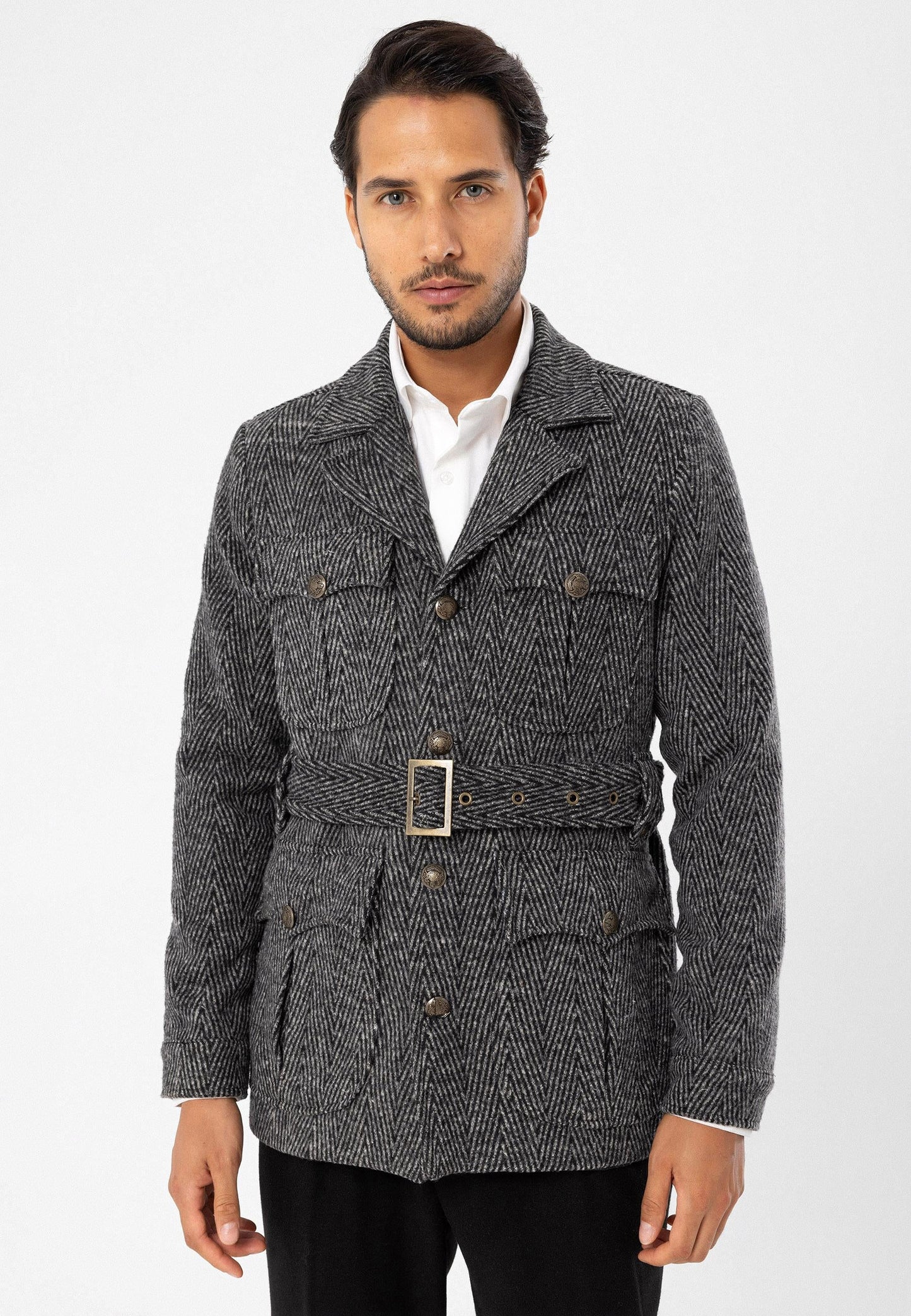 Men's Anthracite Herringbone Patterned Belted Coat
