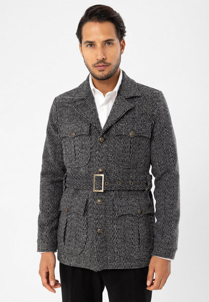 Men's Anthracite Herringbone Patterned Belted Coat