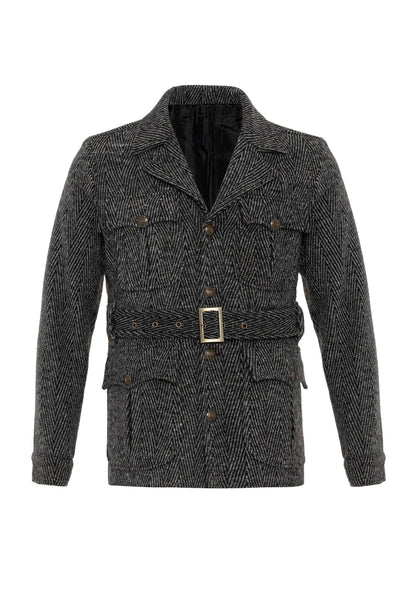 Men's Anthracite Herringbone Patterned Belted Coat