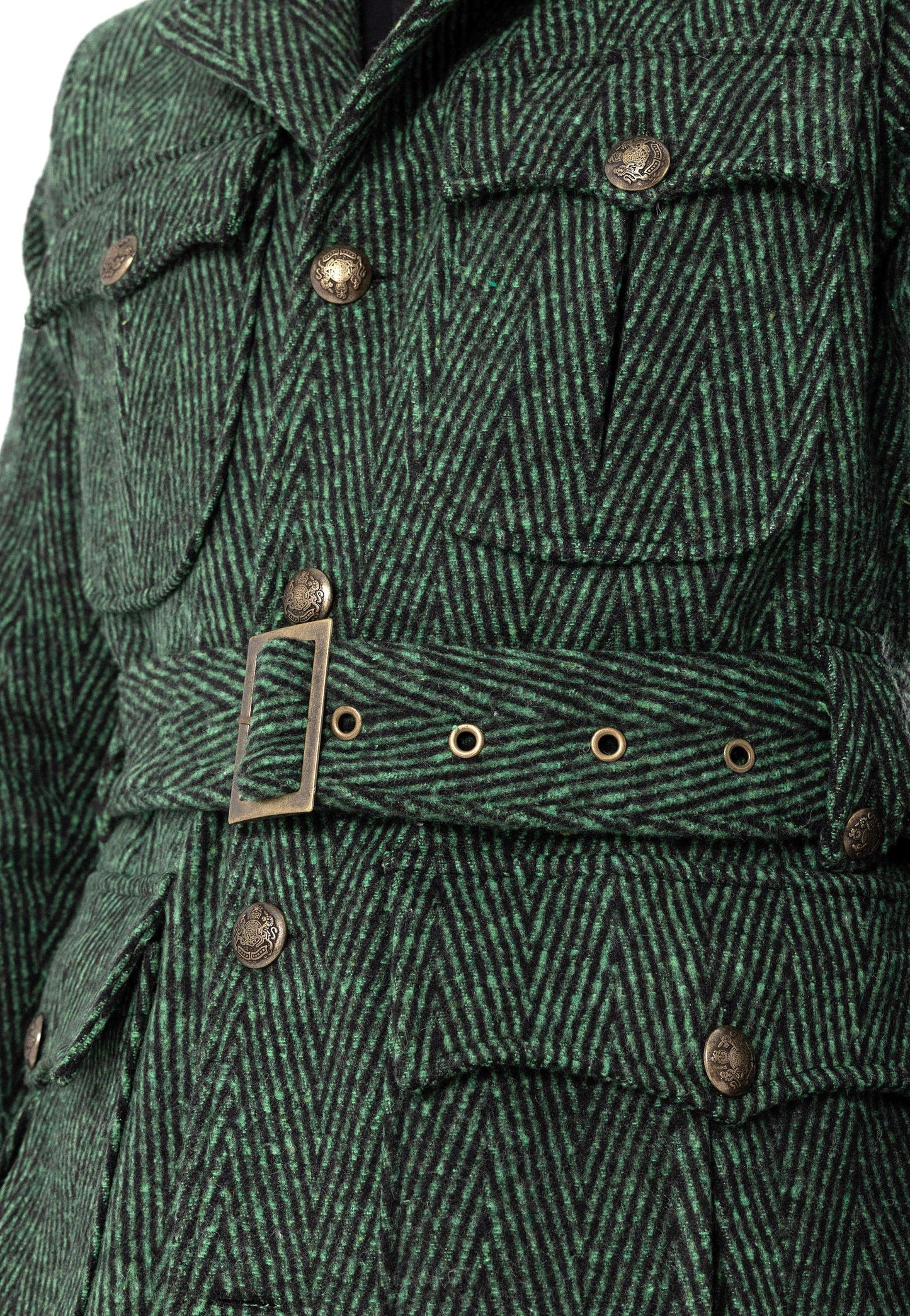 KOALA SYDNEY  Men's Green Herringbone Patterned Belted Coat -
