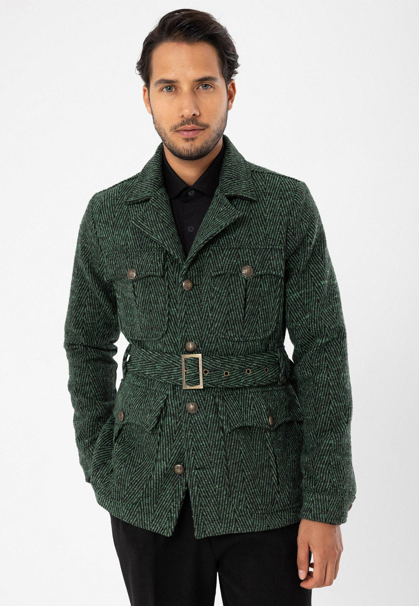 KOALA SYDNEY  Men's Green Herringbone Patterned Belted Coat -