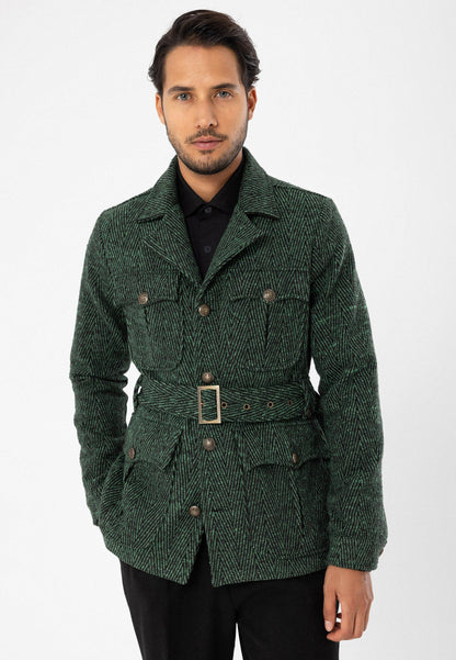 KOALA SYDNEY  Men's Green Herringbone Patterned Belted Coat -