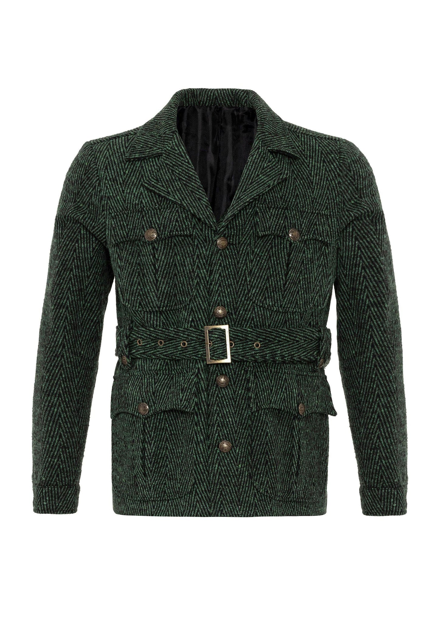 KOALA SYDNEY  Men's Green Herringbone Patterned Belted Coat -