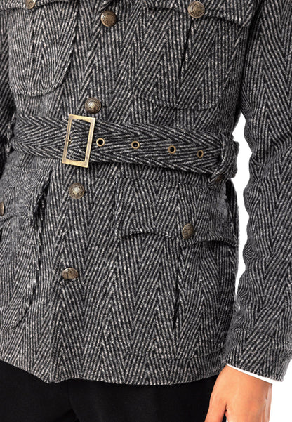 Men's Anthracite Herringbone Patterned Belted Coat