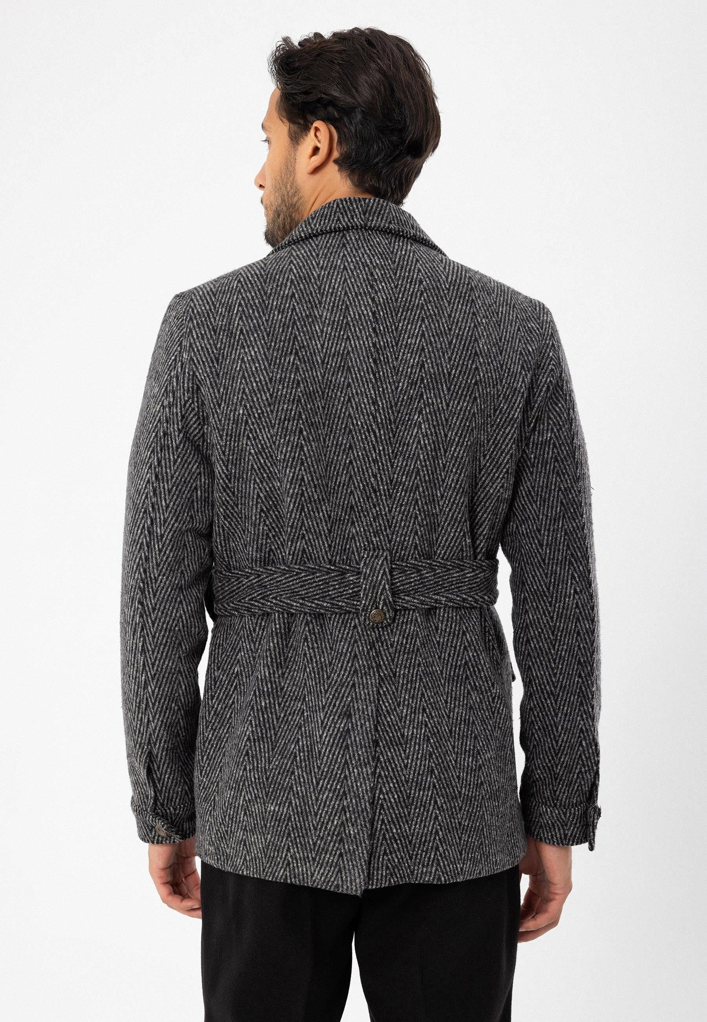Men's Anthracite Herringbone Patterned Belted Coat