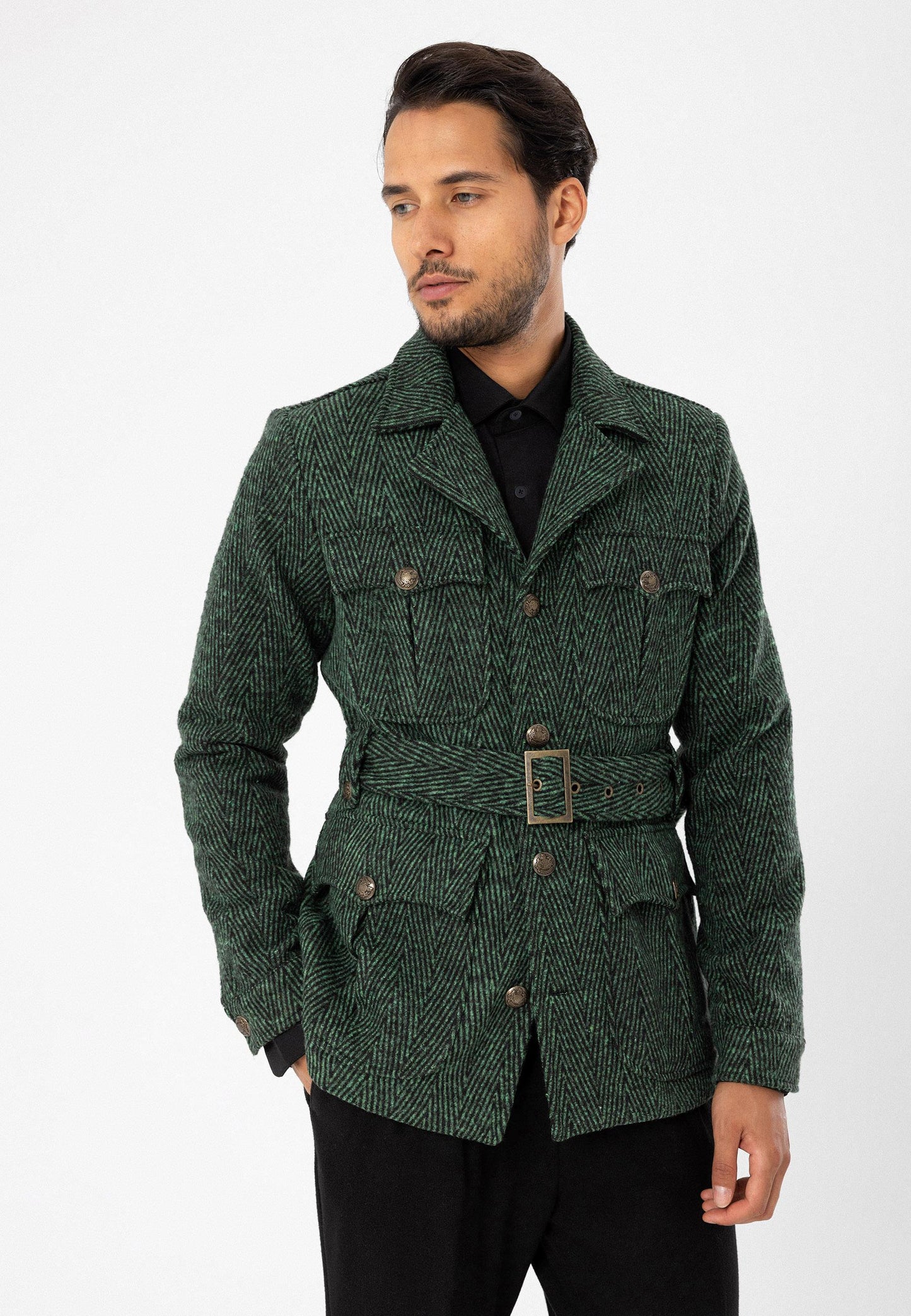 KOALA SYDNEY  Men's Green Herringbone Patterned Belted Coat -