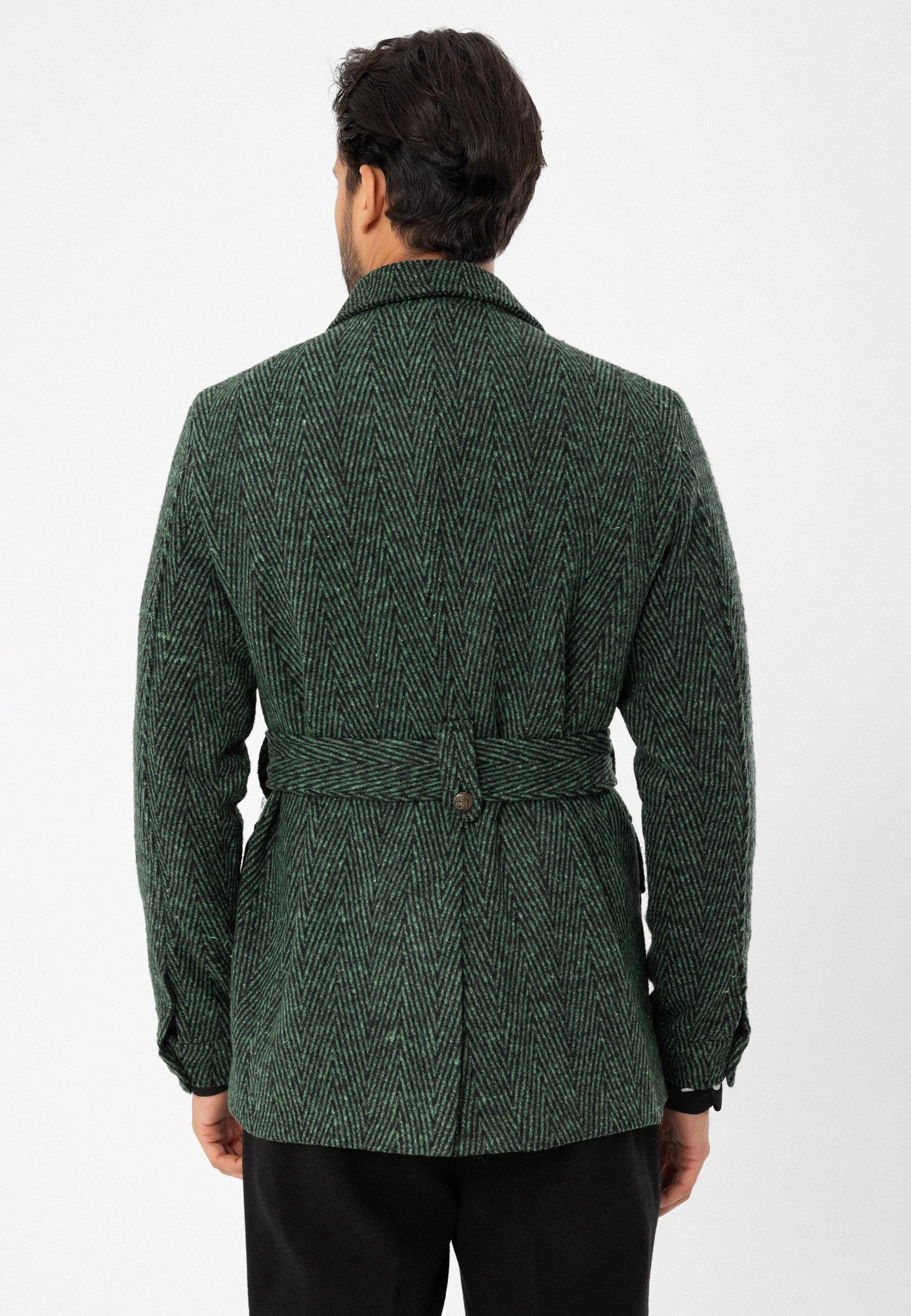 KOALA SYDNEY  Men's Green Herringbone Patterned Belted Coat -