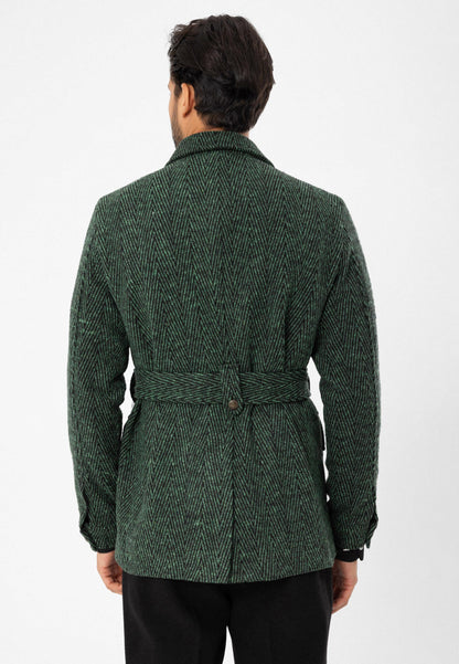 KOALA SYDNEY  Men's Green Herringbone Patterned Belted Coat -