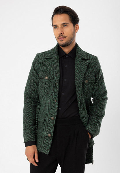 KOALA SYDNEY  Men's Green Herringbone Patterned Belted Coat -
