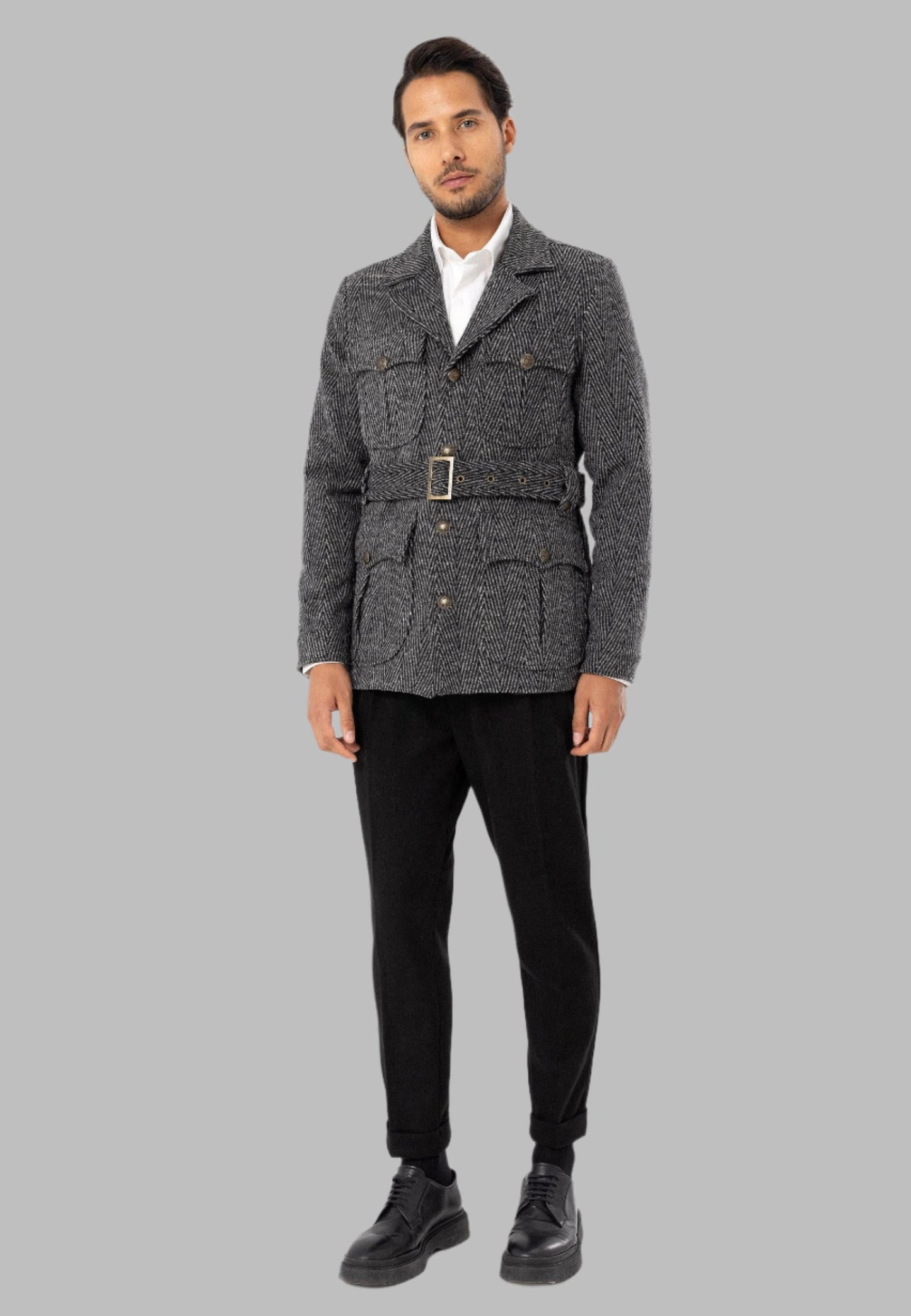 Men's Anthracite Herringbone Patterned Belted Coat