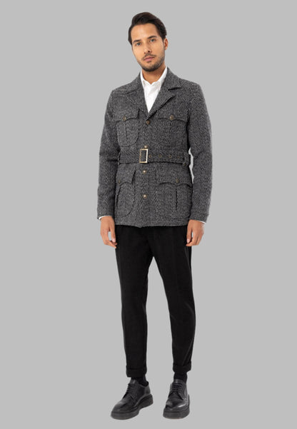 Men's Anthracite Herringbone Patterned Belted Coat