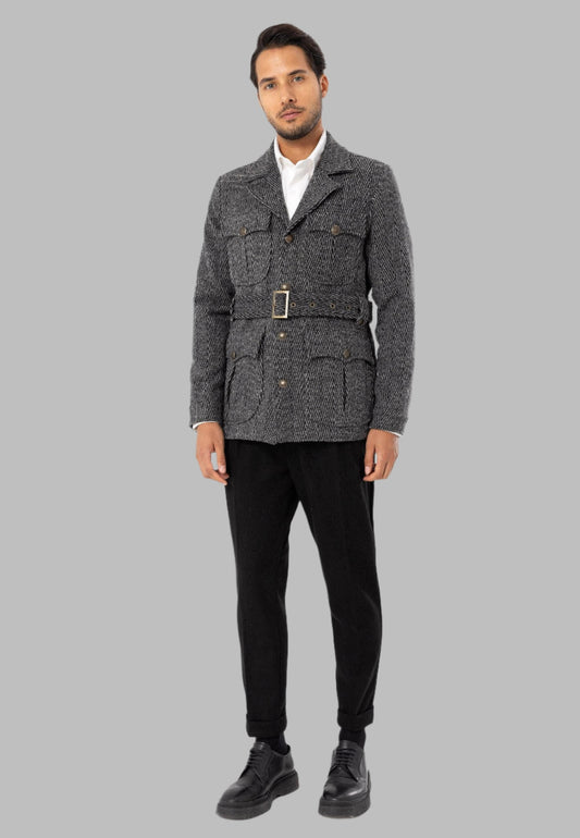 Men's Anthracite Herringbone Patterned Belted Coat
