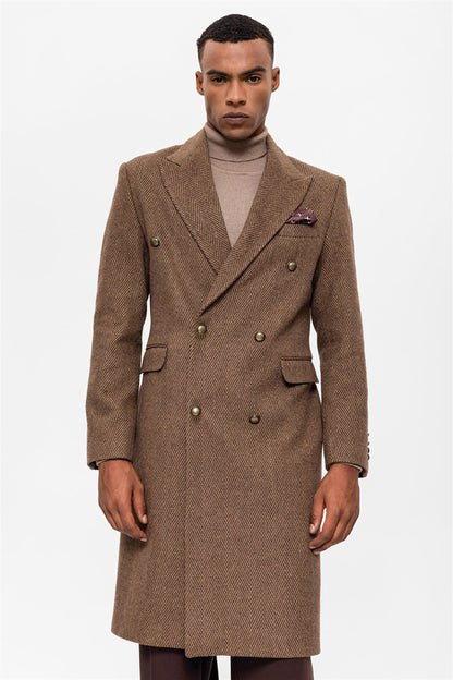 Herringbone Patterned Double Breasted Men's Coat
