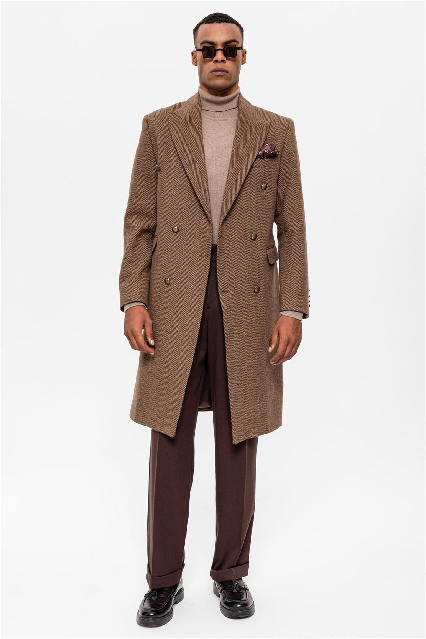 Herringbone Patterned Double Breasted Men's Coat