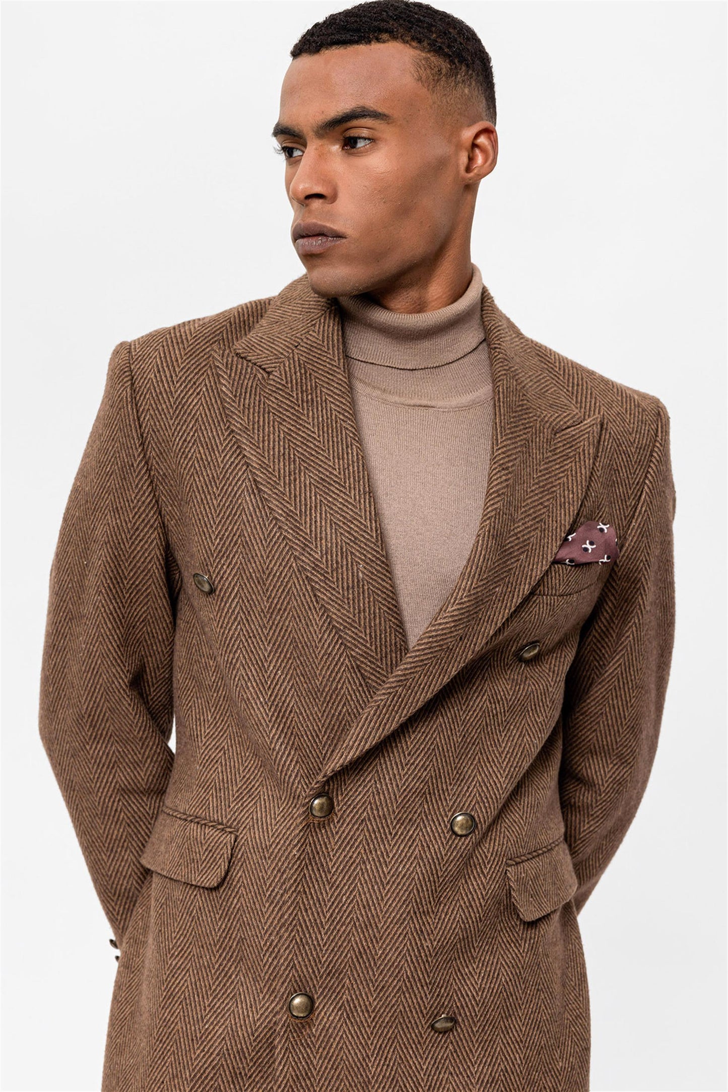 Herringbone Patterned Double Breasted Men's Coat