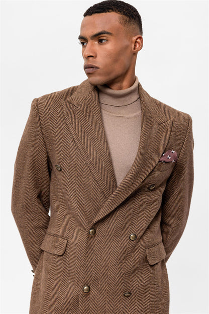 Herringbone Patterned Double Breasted Men's Coat
