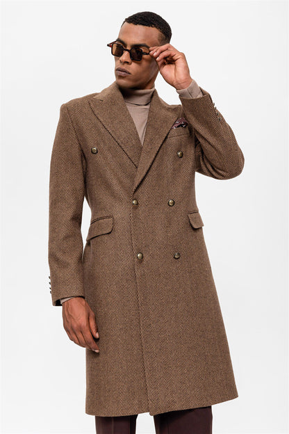 Herringbone Patterned Double Breasted Men's Coat
