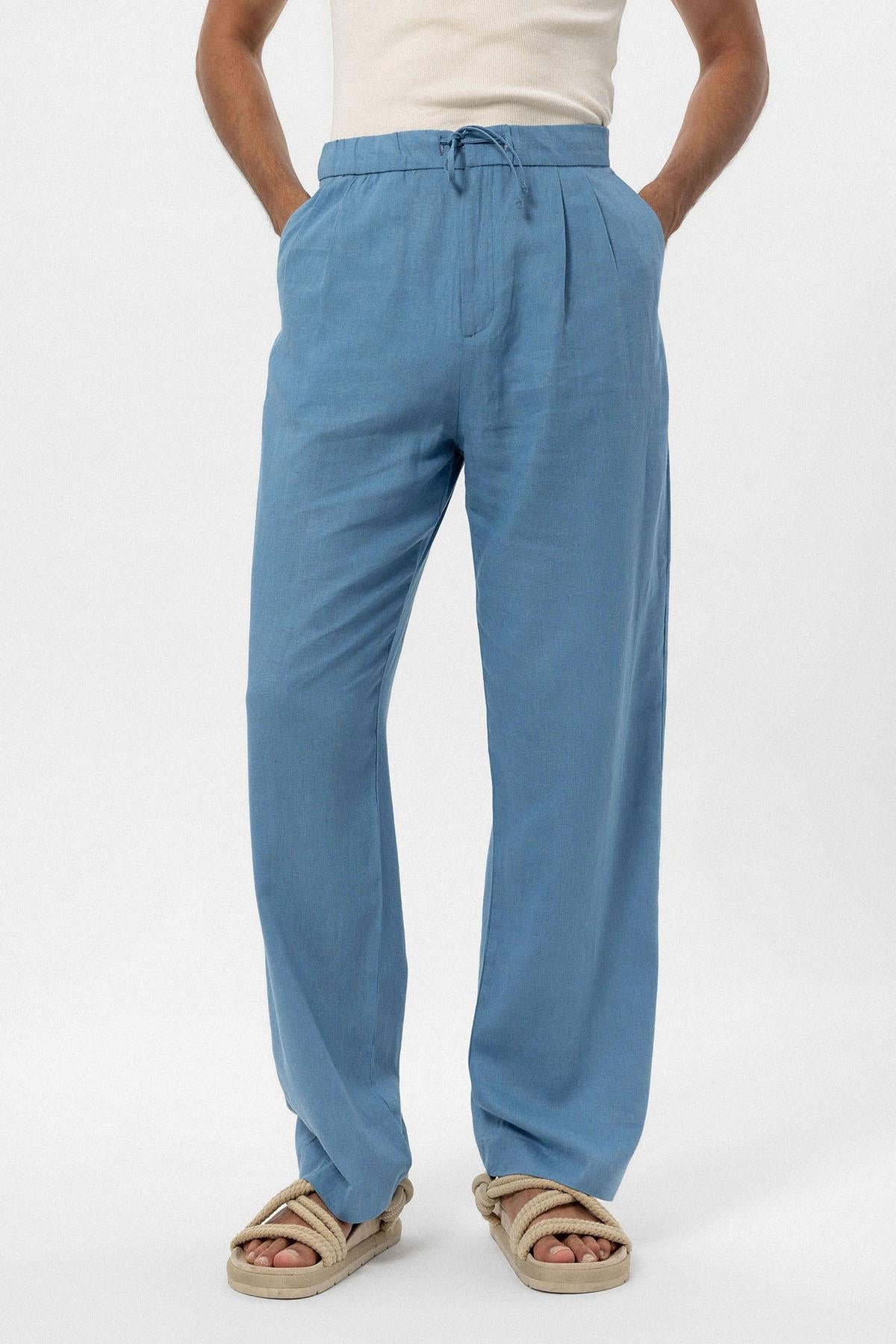 Men's Baby Blue Belted Linen Blend Pants