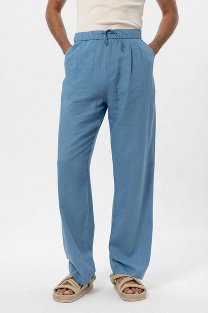 Men's Baby Blue Belted Linen Blend Pants