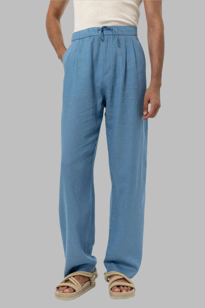 Men's Baby Blue Belted Linen Blend Pants