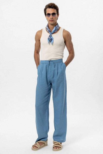Men's Baby Blue Belted Linen Blend Pants