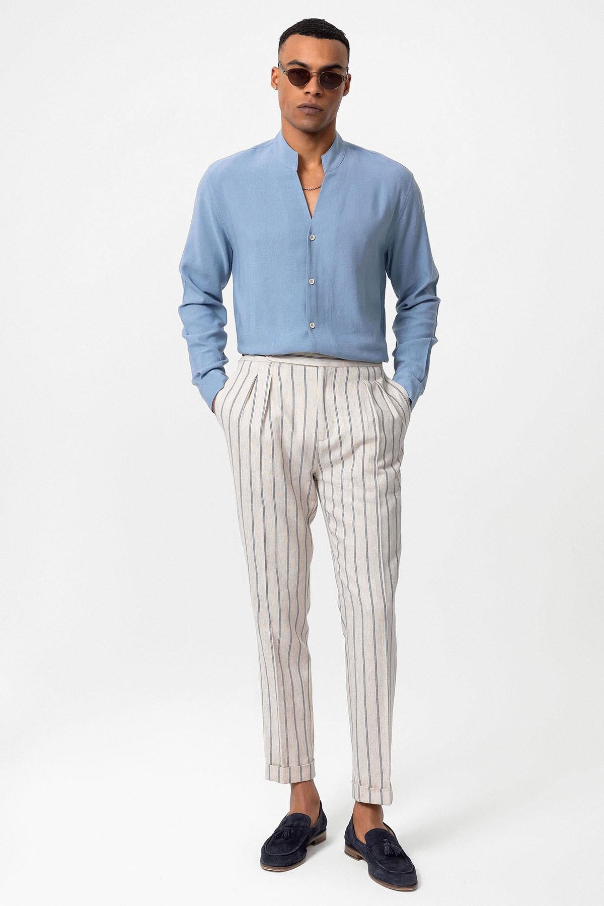 Men's Baby Blue Stand Collar Long-Sleeve Shirt -