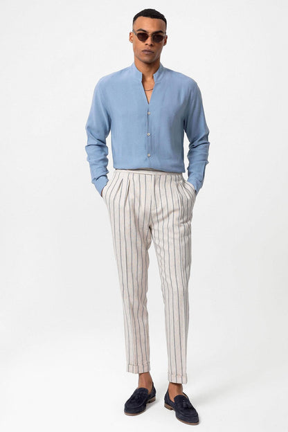 Men's Baby Blue Stand Collar Long-Sleeve Shirt