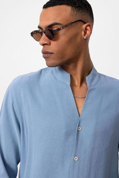 Men's Baby Blue Stand Collar Long-Sleeve Shirt