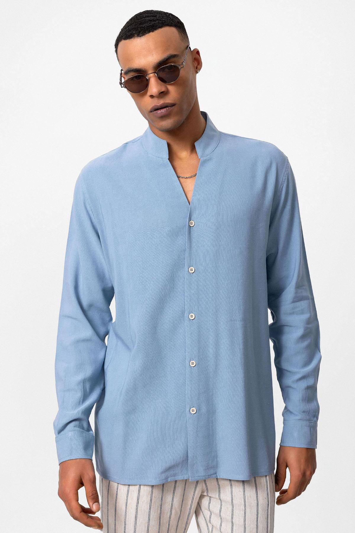 Men's Baby Blue Stand Collar Long-Sleeve Shirt