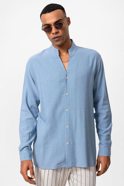 Men's Baby Blue Stand Collar Long-Sleeve Shirt